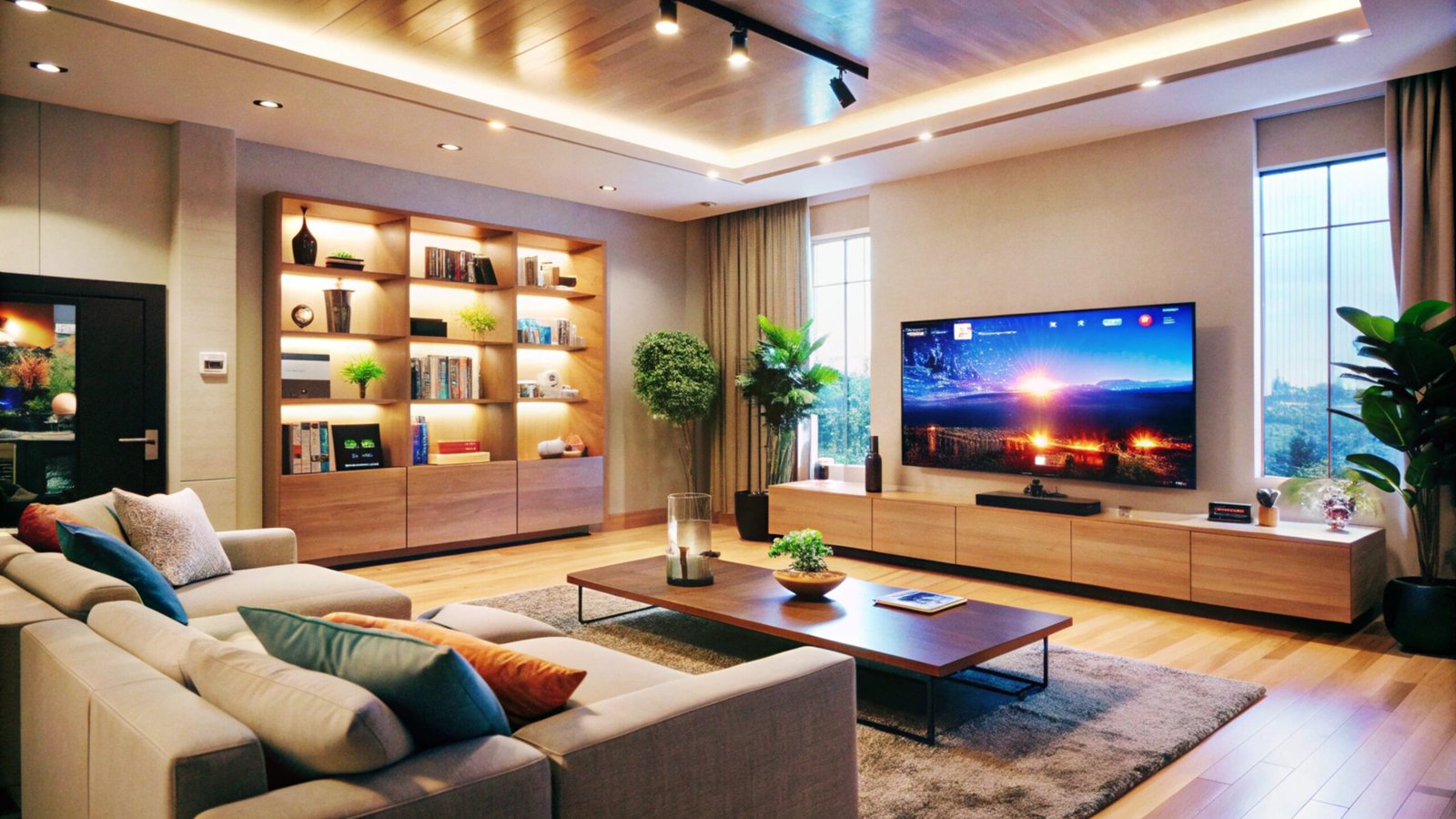 Modern living room with large TV, sectional sofa, and wooden floor.